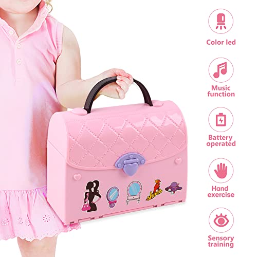 deAO Children’s 2-In-1 Pink Portable Doll House Play Set with Light and Music Functions, Accessories, Carry Case – Great Gift for Kids