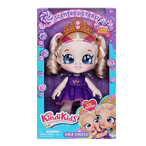 Kindi Kids Tiara Sparkles Royal Candy Scented Big Sister Official 10 Inch Toddler Doll with Bobble Head, Big Glitter Eyes, Changeable Clothes and Removable Shoes