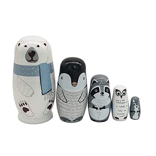 Wooden Russian Nesting Dolls, 5Pcs / Set Cute Matryoshka Polar Bear Penguin Owl Dolls, Educational Learning Kids Toys for Birthday, Christmas, Gift, Home Decorations