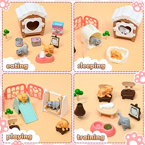 Pet Pretend Play Toys, Cat Figures Playset Toy, Realistic Pet Care Center, Cat House Furniture Toys for Doll Accessories, Cat Care Role Play Educational Toys Gift for Kids Boys Girls 3 4 5 6 Years
