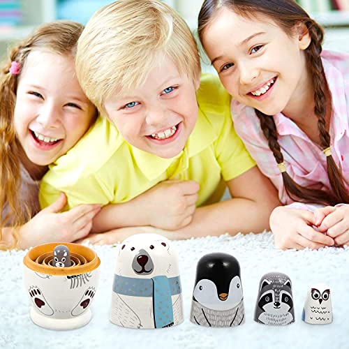 Wooden Russian Nesting Dolls, 5Pcs / Set Cute Matryoshka Polar Bear Penguin Owl Dolls, Educational Learning Kids Toys for Birthday, Christmas, Gift, Home Decorations