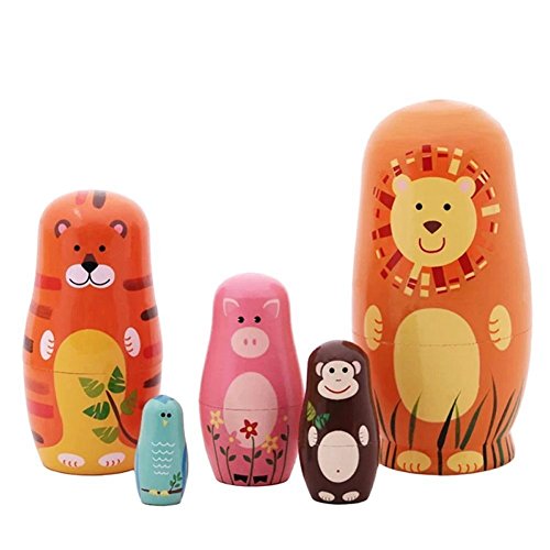 Veewon 1 Nesting Handmade Wooden Cute Cartoon Pattern Matryoshka Animal Russian Dolls Kids Gifts Toy 6"-5pcs