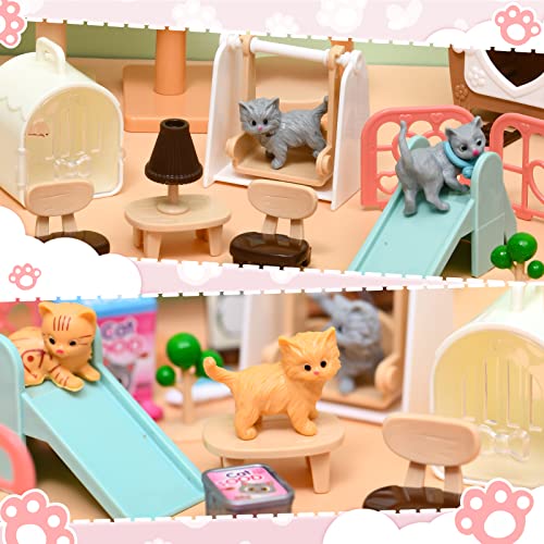 Pet Pretend Play Toys, Cat Figures Playset Toy, Realistic Pet Care Center, Cat House Furniture Toys for Doll Accessories, Cat Care Role Play Educational Toys Gift for Kids Boys Girls 3 4 5 6 Years