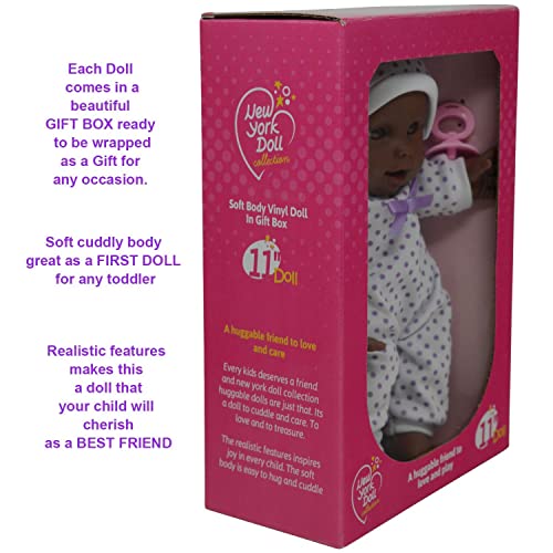 The New York Doll Collection 11 inch/ 28cm Soft Body African American Newborn Baby Doll in Gift Box - Doll Dummy Included
