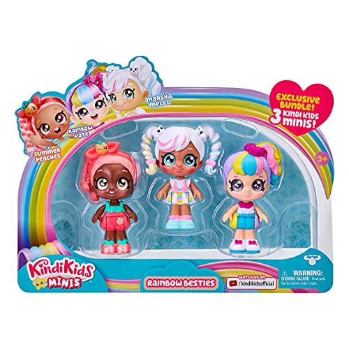 Kindi Kids Minis Rainbow Besties - 3 Collectable Posable Bobble Head Figurines - Marsha Mello, Summer Peaches, Rainbow Kate