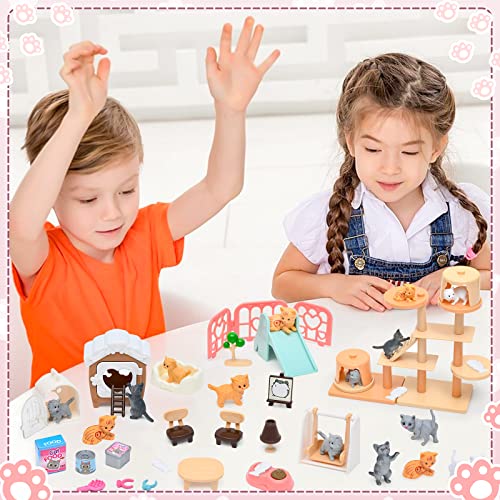 Pet Pretend Play Toys, Cat Figures Playset Toy, Realistic Pet Care Center, Cat House Furniture Toys for Doll Accessories, Cat Care Role Play Educational Toys Gift for Kids Boys Girls 3 4 5 6 Years