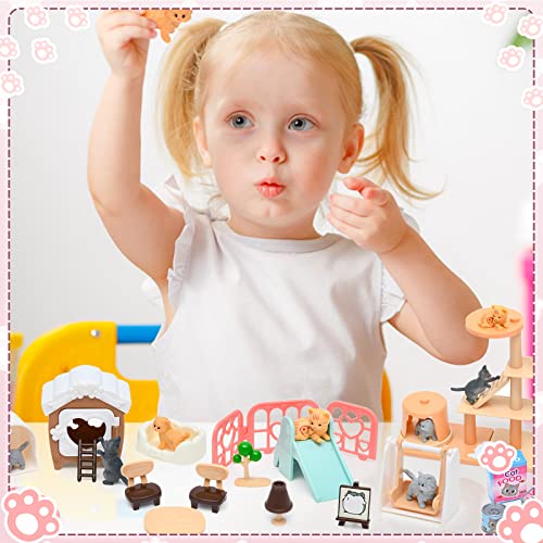 Pet Pretend Play Toys, Cat Figures Playset Toy, Realistic Pet Care Center, Cat House Furniture Toys for Doll Accessories, Cat Care Role Play Educational Toys Gift for Kids Boys Girls 3 4 5 6 Years