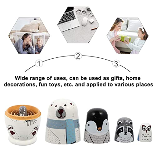 Wooden Russian Nesting Dolls, 5Pcs / Set Cute Matryoshka Polar Bear Penguin Owl Dolls, Educational Learning Kids Toys for Birthday, Christmas, Gift, Home Decorations