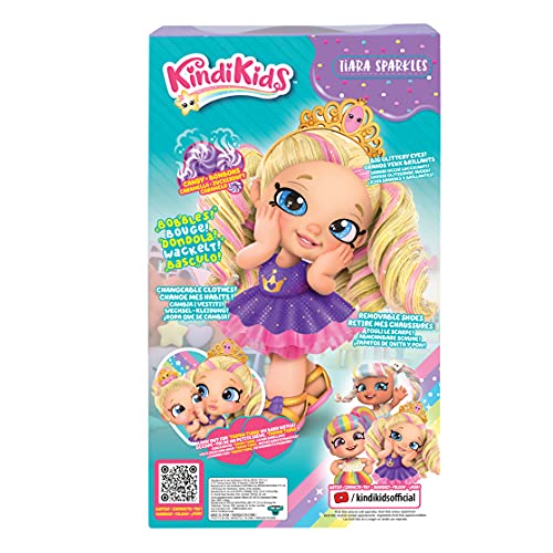 Kindi Kids Tiara Sparkles Royal Candy Scented Big Sister Official 10 Inch Toddler Doll with Bobble Head, Big Glitter Eyes, Changeable Clothes and Removable Shoes