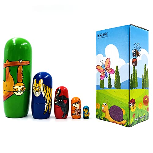 KSJONE 5 pcs Exotic Animals Nesting Doll Classic Matryoshka Home Decor Collection Hand Painted Russian Doll 16 cm Wooden Stacking Doll For Kids
