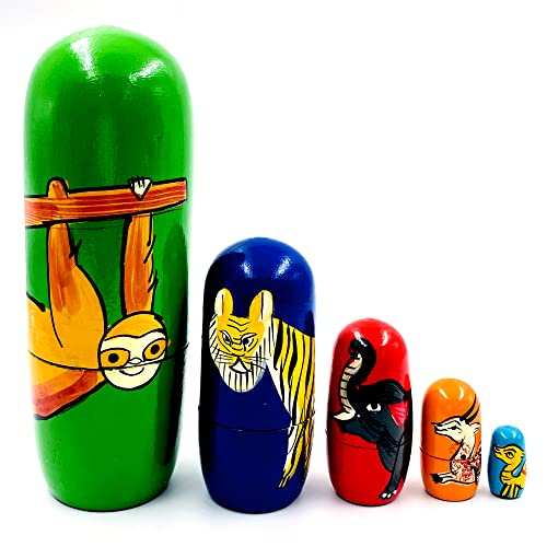 KSJONE 5 pcs Exotic Animals Nesting Doll Classic Matryoshka Home Decor Collection Hand Painted Russian Doll 16 cm Wooden Stacking Doll For Kids