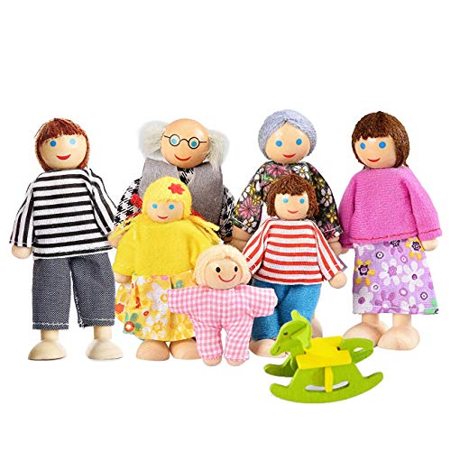 Lovely Happy Family Dolls Playset Wooden Figures Set of 7 People for Kids Children Toddlers – Dollhouse Pretend Gift