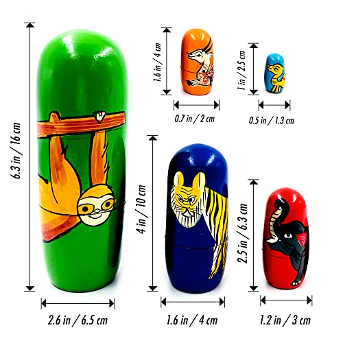 KSJONE 5 pcs Exotic Animals Nesting Doll Classic Matryoshka Home Decor Collection Hand Painted Russian Doll 16 cm Wooden Stacking Doll For Kids