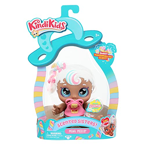 Kindi Kids Mini Mello Scented Kisses Little Sister Official Baby Doll with Big Glitter Eyes, Chubby, Squishy Arms and Legs, Removeable Nappy, Dummy and Bib