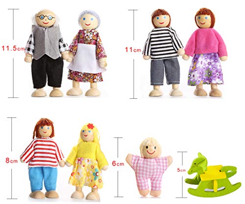 Lovely Happy Family Dolls Playset Wooden Figures Set of 7 People for Kids Children Toddlers – Dollhouse Pretend Gift