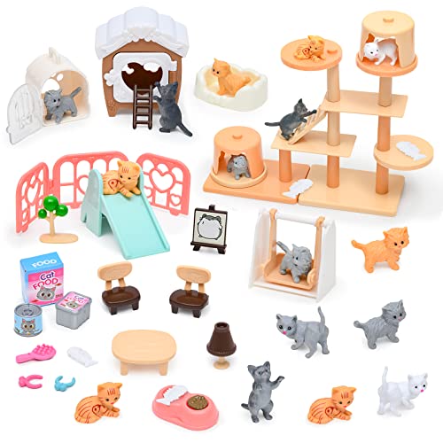 Pet Pretend Play Toys, Cat Figures Playset Toy, Realistic Pet Care Center, Cat House Furniture Toys for Doll Accessories, Cat Care Role Play Educational Toys Gift for Kids Boys Girls 3 4 5 6 Years