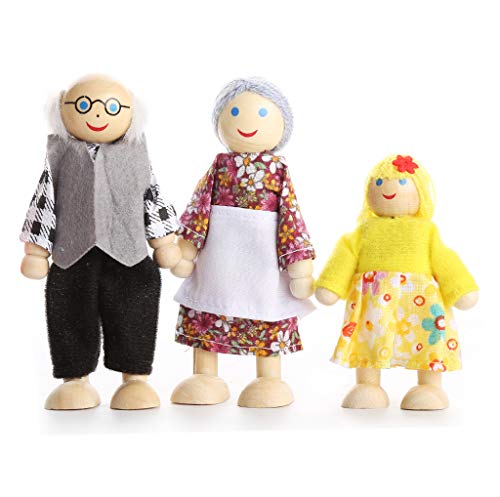Lovely Happy Family Dolls Playset Wooden Figures Set of 7 People for Kids Children Toddlers – Dollhouse Pretend Gift