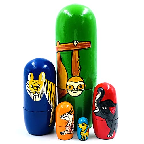 KSJONE 5 pcs Exotic Animals Nesting Doll Classic Matryoshka Home Decor Collection Hand Painted Russian Doll 16 cm Wooden Stacking Doll For Kids