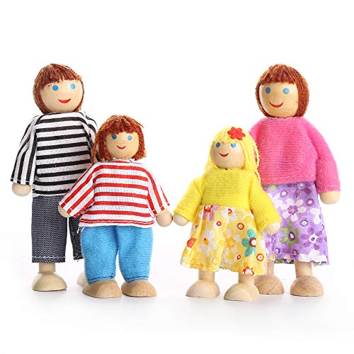 Lovely Happy Family Dolls Playset Wooden Figures Set of 7 People for Kids Children Toddlers – Dollhouse Pretend Gift