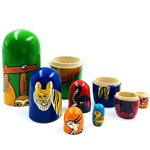 KSJONE 5 pcs Exotic Animals Nesting Doll Classic Matryoshka Home Decor Collection Hand Painted Russian Doll 16 cm Wooden Stacking Doll For Kids