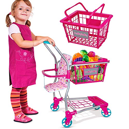 Molly Dolly 2 in 1 Kids Shopping Trolley & Shopping Basket Playset - Toy Shopping Cart For Kids
