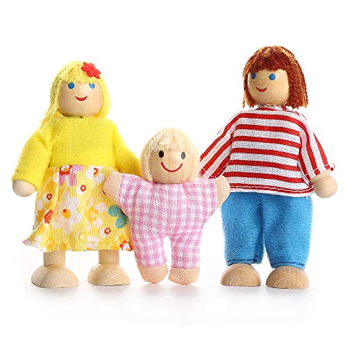 Lovely Happy Family Dolls Playset Wooden Figures Set of 7 People for Kids Children Toddlers – Dollhouse Pretend Gift
