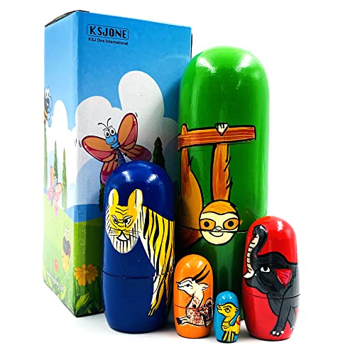 KSJONE 5 pcs Exotic Animals Nesting Doll Classic Matryoshka Home Decor Collection Hand Painted Russian Doll 16 cm Wooden Stacking Doll For Kids