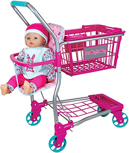 Molly Dolly 2 in 1 Kids Shopping Trolley & Shopping Basket Playset - Toy Shopping Cart For Kids