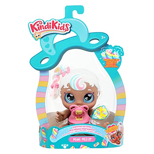 Kindi Kids Mini Mello Scented Kisses Little Sister Official Baby Doll with Big Glitter Eyes, Chubby, Squishy Arms and Legs, Removeable Nappy, Dummy and Bib