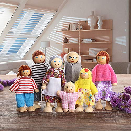 Lovely Happy Family Dolls Playset Wooden Figures Set of 7 People for Kids Children Toddlers – Dollhouse Pretend Gift