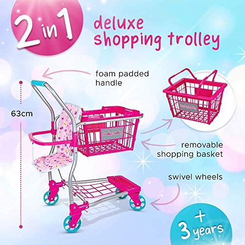 Molly Dolly 2 in 1 Kids Shopping Trolley & Shopping Basket Playset - Toy Shopping Cart For Kids