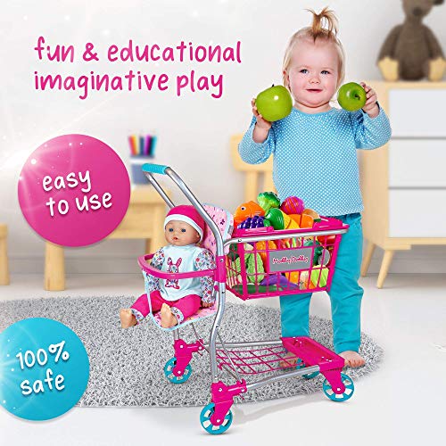 Molly Dolly 2 in 1 Kids Shopping Trolley & Shopping Basket Playset - Toy Shopping Cart For Kids
