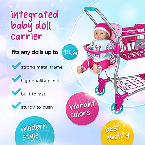 Molly Dolly 2 in 1 Kids Shopping Trolley & Shopping Basket Playset - Toy Shopping Cart For Kids