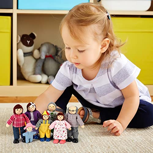 SOKA Set of 7 Happy Family Set Wooden Figures Dolls Play Set Accessories for Dollhouse Pretend Role Play Toy Set Children Kids Girls Boys 3 year old +