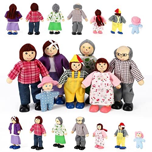 SOKA Set of 7 Happy Family Set Wooden Figures Dolls Play Set Accessories for Dollhouse Pretend Role Play Toy Set Children Kids Girls Boys 3 year old +
