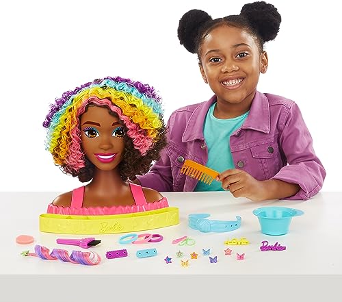 Barbie Doll Deluxe Styling Head with Color Reveal Accessories and Curly Brown Neon Rainbow Hair, Doll Head for Hair Styling, HMD79