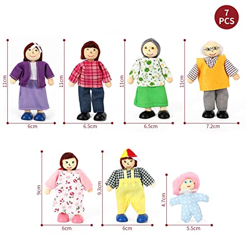SOKA Set of 7 Happy Family Set Wooden Figures Dolls Play Set Accessories for Dollhouse Pretend Role Play Toy Set Children Kids Girls Boys 3 year old +