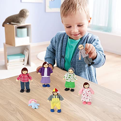 SOKA Set of 7 Happy Family Set Wooden Figures Dolls Play Set Accessories for Dollhouse Pretend Role Play Toy Set Children Kids Girls Boys 3 year old +