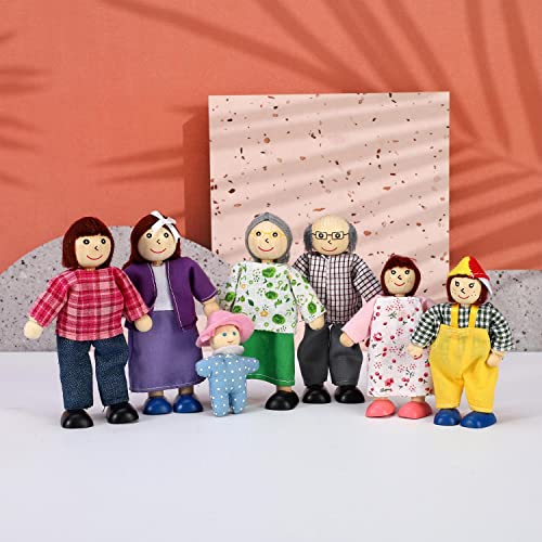 SOKA Set of 7 Happy Family Set Wooden Figures Dolls Play Set Accessories for Dollhouse Pretend Role Play Toy Set Children Kids Girls Boys 3 year old +