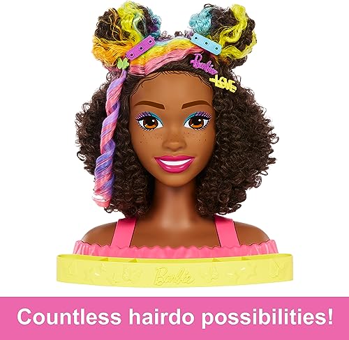 Barbie Doll Deluxe Styling Head with Color Reveal Accessories and Curly Brown Neon Rainbow Hair, Doll Head for Hair Styling, HMD79