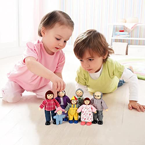 SOKA Set of 7 Happy Family Set Wooden Figures Dolls Play Set Accessories for Dollhouse Pretend Role Play Toy Set Children Kids Girls Boys 3 year old +