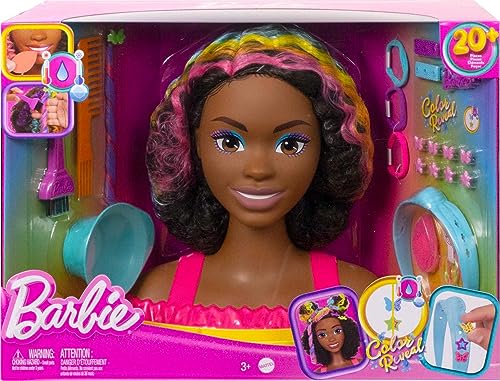 Barbie Doll Deluxe Styling Head with Color Reveal Accessories and Curly Brown Neon Rainbow Hair, Doll Head for Hair Styling, HMD79