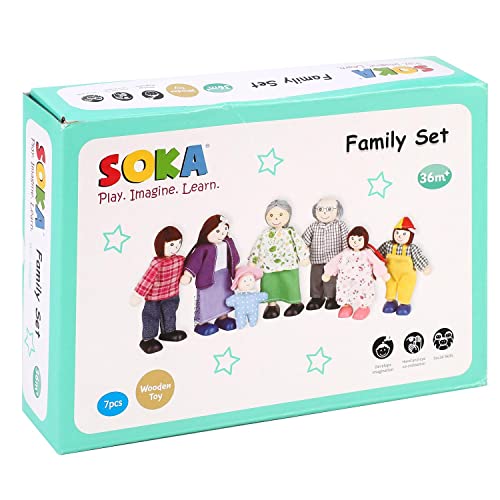 SOKA Set of 7 Happy Family Set Wooden Figures Dolls Play Set Accessories for Dollhouse Pretend Role Play Toy Set Children Kids Girls Boys 3 year old +