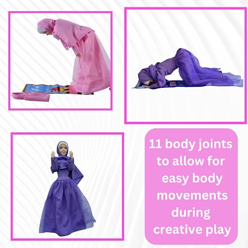 Umm Amirah Muslim Doll Set for girls 3–7 year old, Ramadhan/Eid gift for kids.1 modestly dressed doll, handbag, prayer mat and a hair brush. Random color