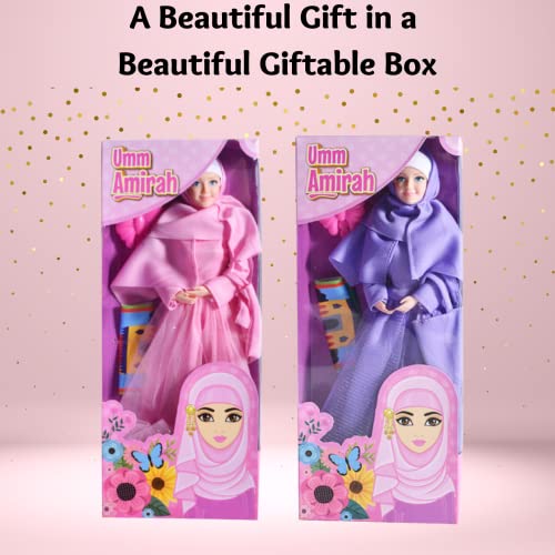 Umm Amirah Muslim Doll Set for girls 3–7 year old, Ramadhan/Eid gift for kids.1 modestly dressed doll, handbag, prayer mat and a hair brush. Random color