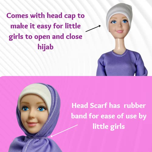 Umm Amirah Muslim Doll Set for girls 3–7 year old, Ramadhan/Eid gift for kids.1 modestly dressed doll, handbag, prayer mat and a hair brush. Random color
