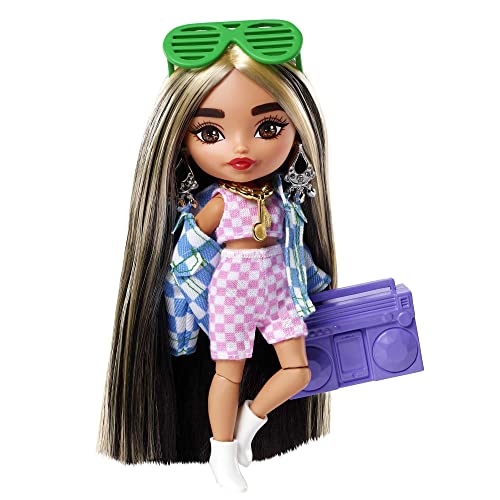 Barbie Extra Minis Doll #2 (5.5 in) Wearing Checkered 2-Piece Fashion & Jacket, with Doll Stand & Accessories Including Shutter Sunglasses and Boombox, Gift for Kids 3 Years Old & Up​