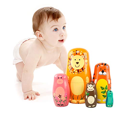 Uncle Paul Wooden Nesting Dolls Cartoon Cute Animals Angel Pattern Russian Matryoshka Stacking Dolls Children Kids Toy Gift Decoration (Animals)