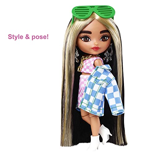 Barbie Extra Minis Doll #2 (5.5 in) Wearing Checkered 2-Piece Fashion & Jacket, with Doll Stand & Accessories Including Shutter Sunglasses and Boombox, Gift for Kids 3 Years Old & Up​