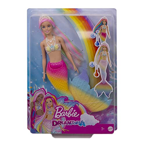 Barbie Dreamtopia Rainbow Magic Mermaid Doll with Rainbow Hair and Water-Activated Color Change Feature, Gift for 3 to 7 Year Olds, GTF89